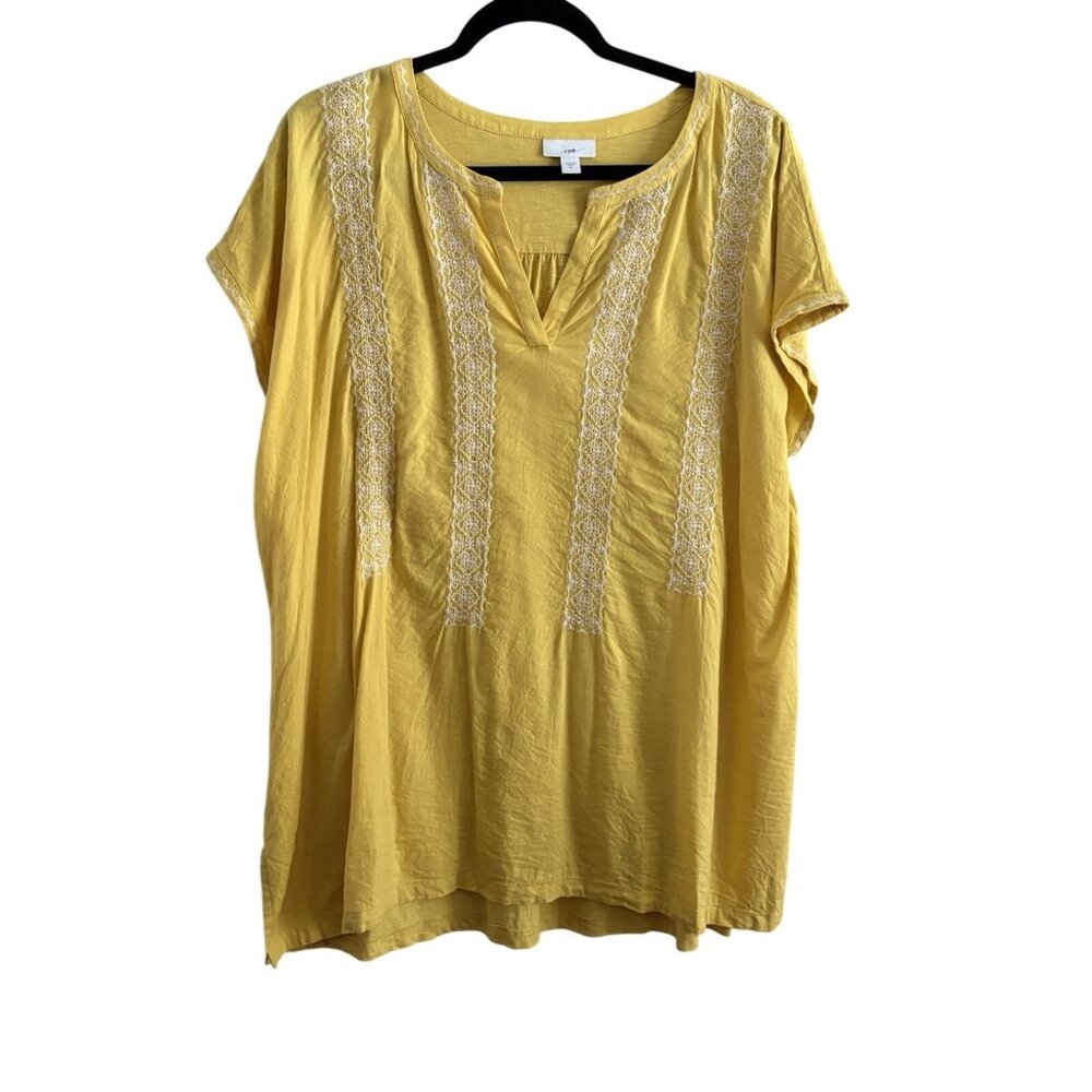 J.Jill Women Plus 2X Yellow Embroidered Boho S/Sleeve Split V-Neck Pullover Top